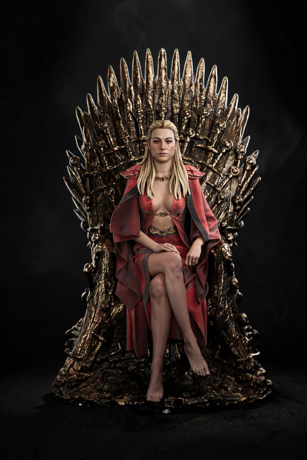 A blonde woman sits on a large metallic throne-like chair against a black studio background, wearing a red draped outfit and nude top. No visible brand markings are present.