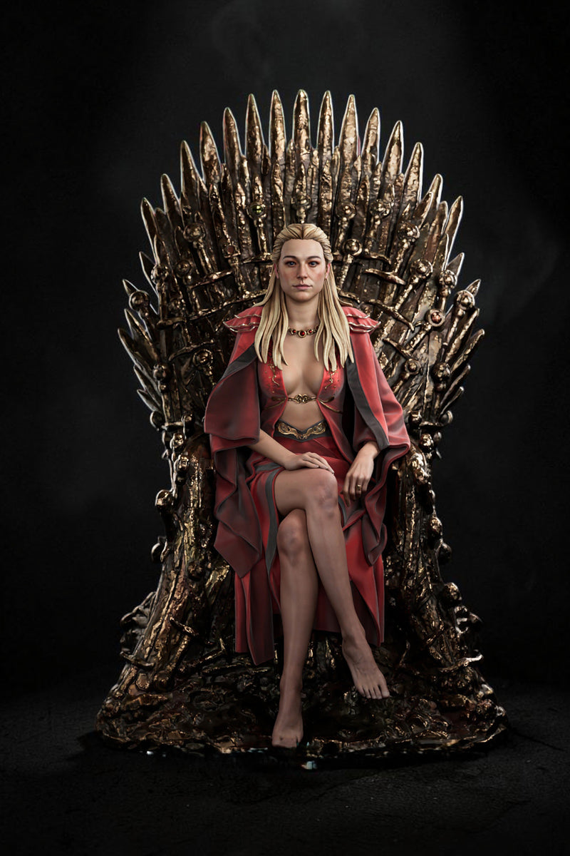 A blonde woman sits on a large metallic throne-like chair against a black studio background, wearing a red draped outfit and nude top. No visible brand markings are present.
