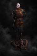 A highly detailed collectible statue of a bald warrior in fantasy armor, standing on a dark, smoky base. The armor features gold and brown tones with dark chainmail details, set against a dark, atmospheric background.