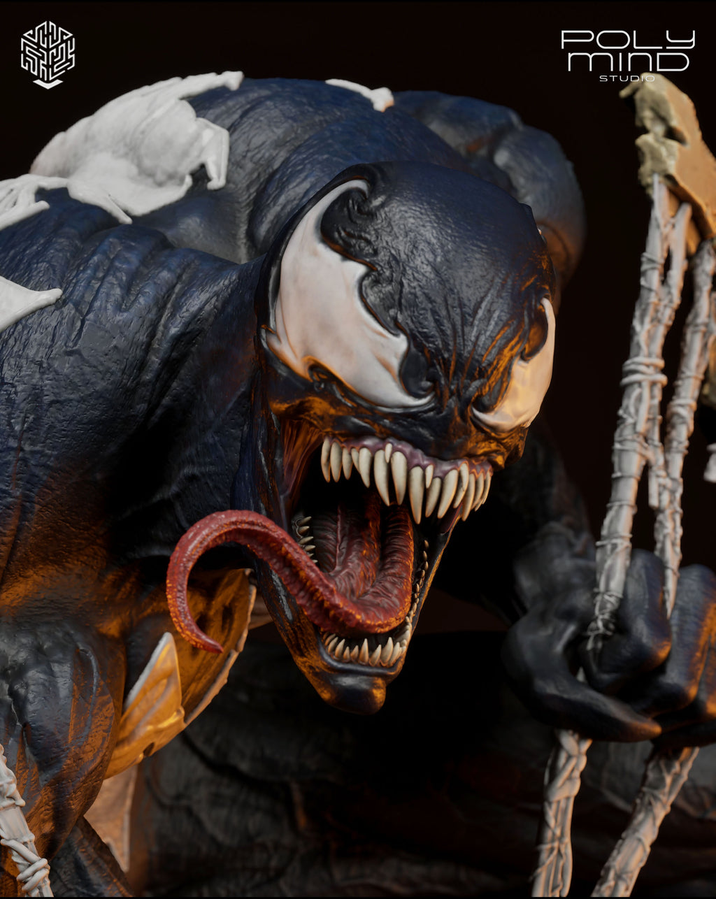 Close-up of a Venom collectible figure or statue showing the character's face, open mouth, sharp teeth, and part of its black-and-white symbiote suit, with a dark background and 'POLY MIND STUDIOS' branding in the top right.