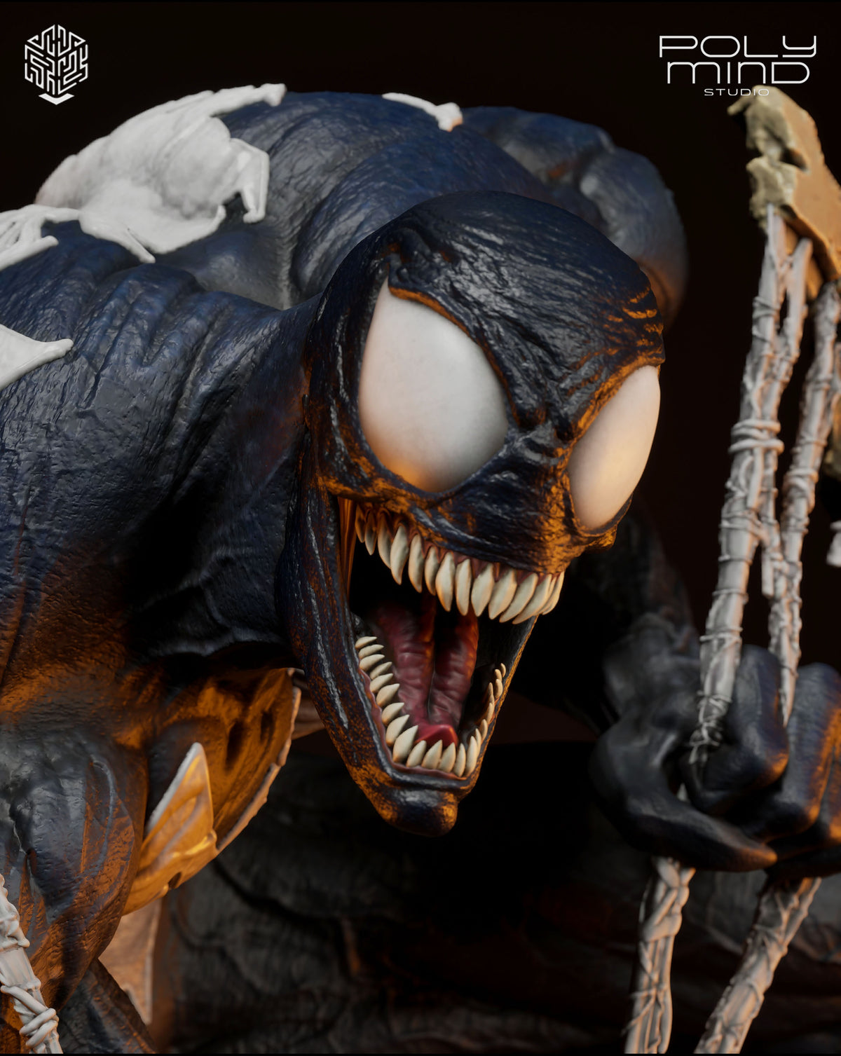 Close-up of a Venom collectible figure or statue with a dark blue-black symbiote body, large white eyes, an open mouth showing sharp teeth, and a hand gripping a web-like prop. The background is dark, and the Poly Mind Studio logo appears in the top right.